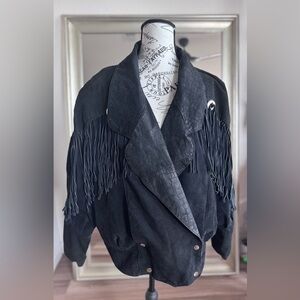 Vintage 80s G-III Fringe Crop Black Suede Leather Western Cowgirl Jacket 18/20
